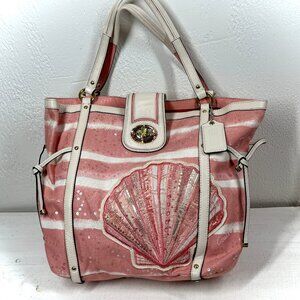 Coach Audrey Cinched Tote Pink Stripe Canvas Shell Motif Sequin Leather Trim